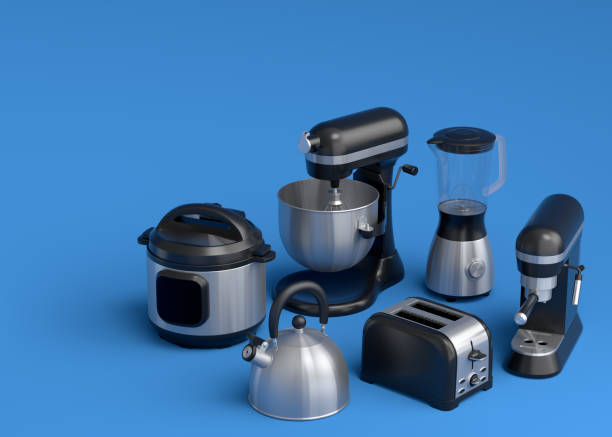 istock Electric kitchen appliances and utensils for making breakfast on blue background 1426293057