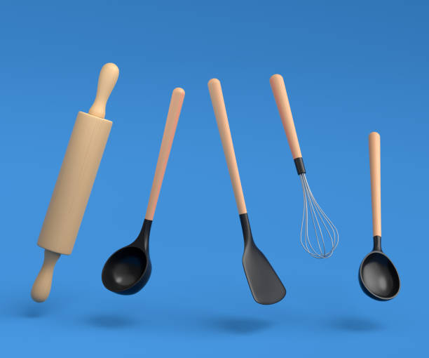 istock Wooden kitchen utensils, tools and equipment on blue background. 1426293208