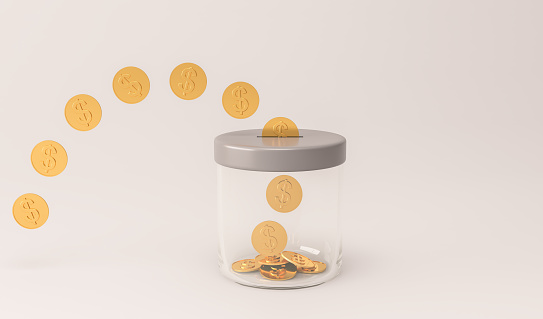 Coins in glass jar. Savings money.