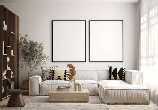 istock mock up poster frame in modern interior background, living room, Scandinavian style, 3D render, 3D illustration 1426295025