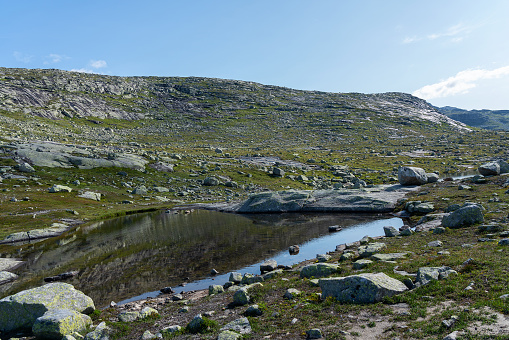 Mountain lake landscape view, Norway, way to Trolltunga