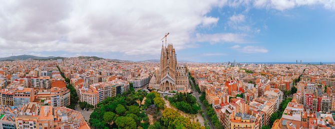 Aerial View of La Sagrada Familia Cathedral in Eixample district of Barcelona Spain