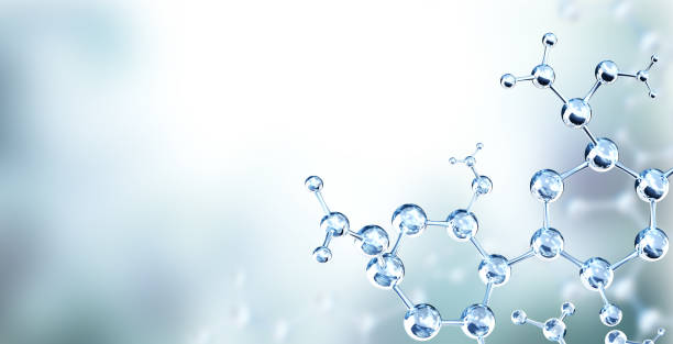 istock Horizontal banner with model of abstract molecular structure. Background of gray color with glass atom model 1426296692