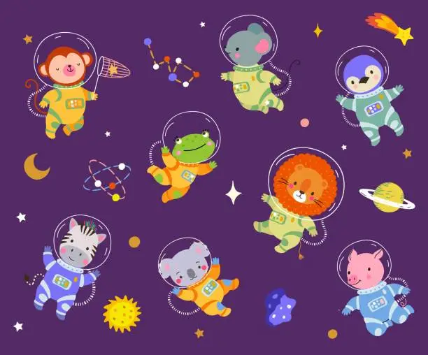 Vector illustration of Cartoon space animals astronaut suits flying with stars and planet. Cute lion, monkey and koala. Funny cartoon nowaday children animal vector set
