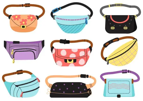 Vector illustration of Funny girl waist bag. Wallets bags accessories, cool fashion packed for different things. Cartoon unisex purse, colorful wallet decent vector collection