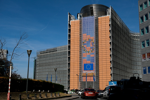 Cars pass outside of Berlaymont which is an office building which houses the headquarters of the European Commission, the executive branch of the European Union. Brussels, Belgium on Sept. 22, 2022.