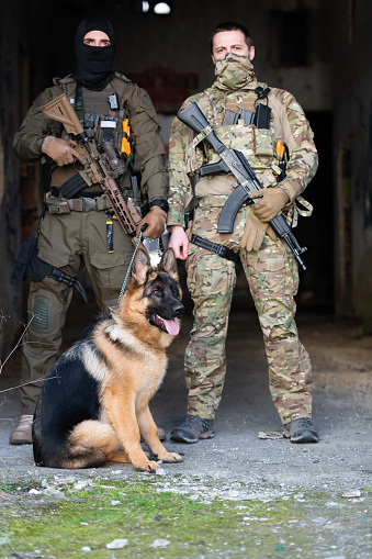 Modern Warfare Soldiers with military working dog in action on the battlefield. High quality photo