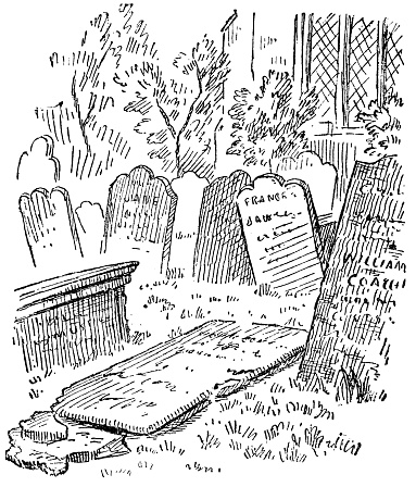 The grave of John Cunningham, Irish poet and playwright (1729 - 1773) at St John the Baptist Church in Newcastle upon Tyne, England. Vintage etching circa 19th century.