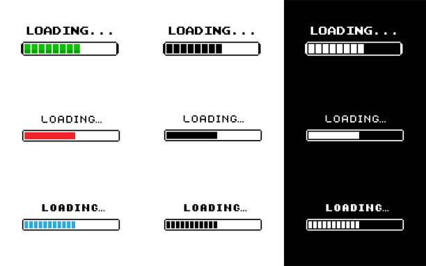 zestaw prętów ładowania. pixel 8-bitowy. retro paski postępu na białych i czarnych ekranach. wektorowa ilustracja stockowa - downloading stock illustrations