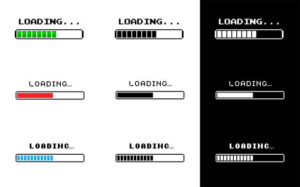 bildbanksillustrationer, clip art samt tecknat material och ikoner med loading bar set. pixel 8-bit. retro progress bars on white and black screens. vector stock illustration - nedladdning