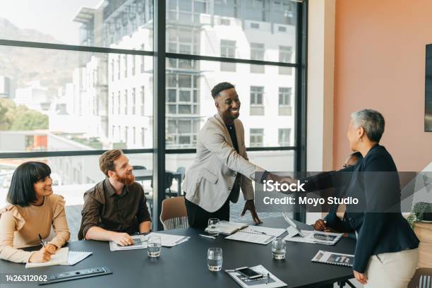 B2b Partnership Collaboration Or Client Handshake In Business Meeting For Welcome Onboarding Or Thank You Agency Team Shaking Hands And Happy With Agreement Deal Or Negotiation Strategy Interview Stock Photo - Download Image Now