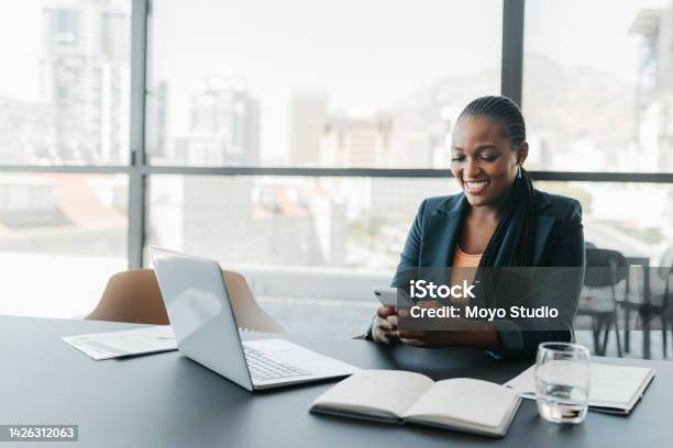 Business Girl With Phone Typing During Work Break Replying To Email Sms Message Or Networking Via Social Media App Communication Text Conversation And Black Woman Using Smartphone For Web Search Stock Photo - Download Image Now