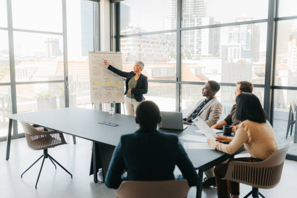 istock Presentation, business or marketing meeting with teamwork, strategy and creative startup advertising partnership. Woman management in office group collaboration while working and planning idea. 1426312155