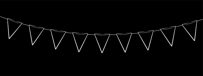 bunting garland, string of triangular flags for outdoor party, white line simple decorative illustration, pennant, retro style, festive decorations, black background, not editable stroke