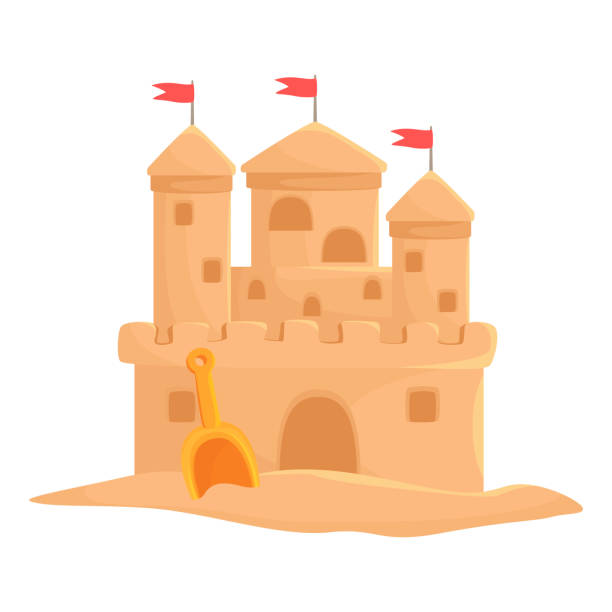 Children's sand castle with red flags towers vector flat illustration. Beach sandcastle Children's sand castle with red flags towers vector flat illustration. Beach sandcastle and plastic shovel kids summer vacation toy. Game building kingdom art decorative construction house sculpture sandcastle structure stock illustrations