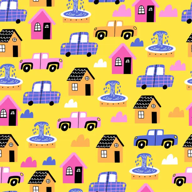 Vector illustration of pattern with houses, fountains and cars. children's design of fabric, paper, etc. vector illustration.