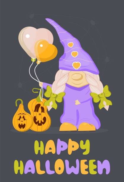 halloween gnome einladen karte vektor. glückliches halloween-design. lustige mädchenzwergillustration. - gnome troll wizard dwarf stock-grafiken, -clipart, -cartoons und -symbole