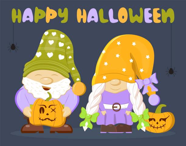 halloweenowy gnom zaprasza wektor karty. szczęśliwy projekt halloween. zabawna ilustracja karła. - gnome troll wizard dwarf stock illustrations