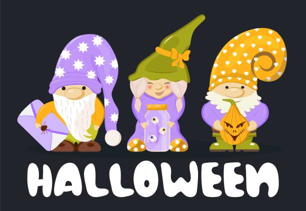 illustrazioni stock, clip art, cartoni animati e icone di tendenza di vettore di carte d'invito gnome di halloween. felice design hallowen. divertente ragazza nana illustrazione. - gnome troll wizard dwarf