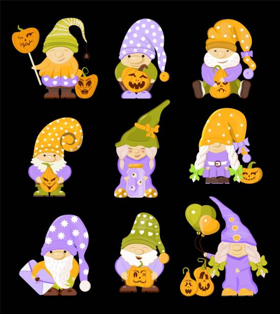 illustrazioni stock, clip art, cartoni animati e icone di tendenza di set vettoriale gnome di halloween. felice design hallowen. divertente ragazza nana illustrazione. - gnome troll wizard dwarf