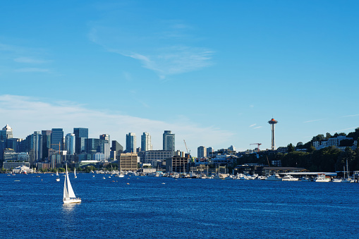 Clear blue skies in Seattle, Washington on a summer day with the skyline of the city behind the lake.