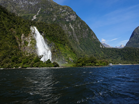 Stirling Falls dropping into Milford Sound, New Zealand.