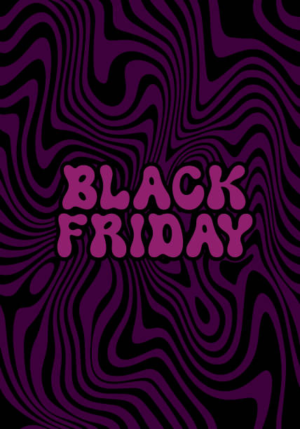 Black Friday Sale Banner in Retro Hippie Style. Vintage Text on Dark Groovy Swirl Background. Vector Advertising Illustration Black Friday Sale Banner in Retro Hippie Style. Vintage Text on Dark Groovy Swirl Background. Vector Advertising Illustration. monday night stock illustrations