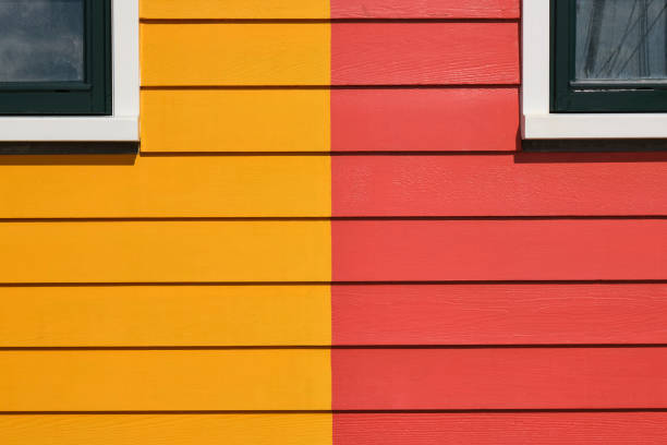 detail of red and yellow painted scandinavian houses - house residential structure two objects building exterior imagens e fotografias de stock