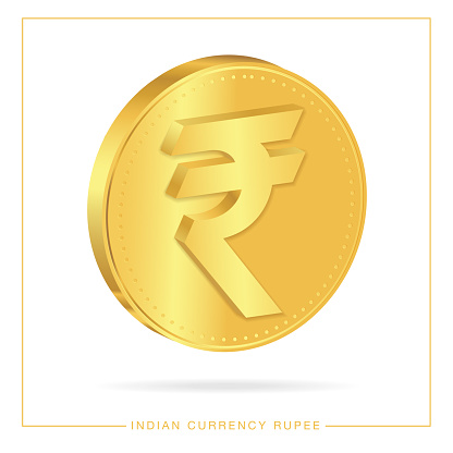 Indian Rupee symbol in gold coin. Indian currency rupee.