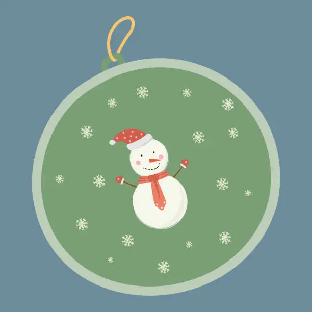 Vector illustration of A New Year's toy in the form of a green ball with a snowman. Simple cartoon style. Template for the design of a Christmas card. Isolated vector illustration.