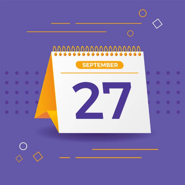 White and yellow calendar on lilac background. 27th of september. Vector. 3D illustration. colorful and floating desktop calendar illustration showing the day of the month. number 27 stock illustrations