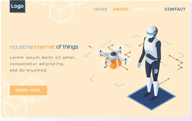 Vector illustration of Industrial internet of things landing page template with humanoid and quadcopter newest technologies