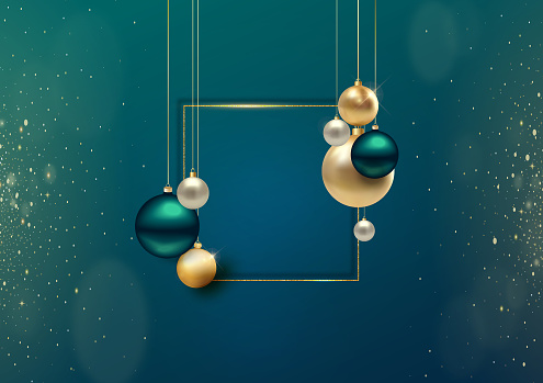 Abstract Luxury Christmas card with realistic gold and green baubles, and star. Xmas festive green background with decorative balls.