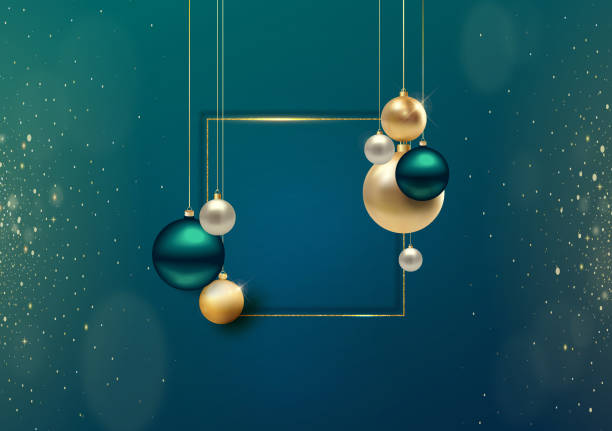 2023 New Year and Happy Christmas background Abstract Luxury Christmas card with realistic gold and green baubles, and star. Xmas festive green background with decorative balls. wallpaper decor stock illustrations