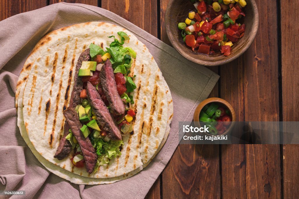 Tacos with beef meat and salad Freshly made tacos with beef meat and salad Steak Stock Photo