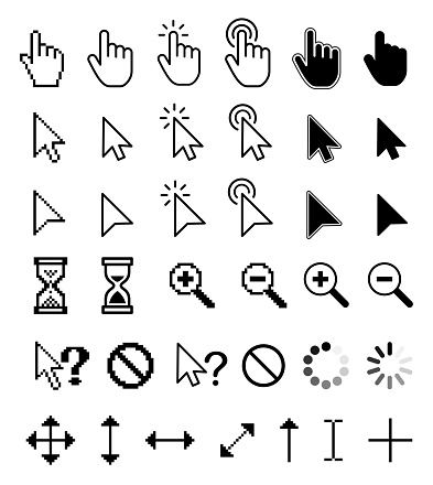 Cursor Set - Mouse Pointers. Computer Mouse Click Cursor. Arrow, Hand, Magnifying Glass, Hourglass. Different smooth and pixel mouse cursors. Vector stock illustration