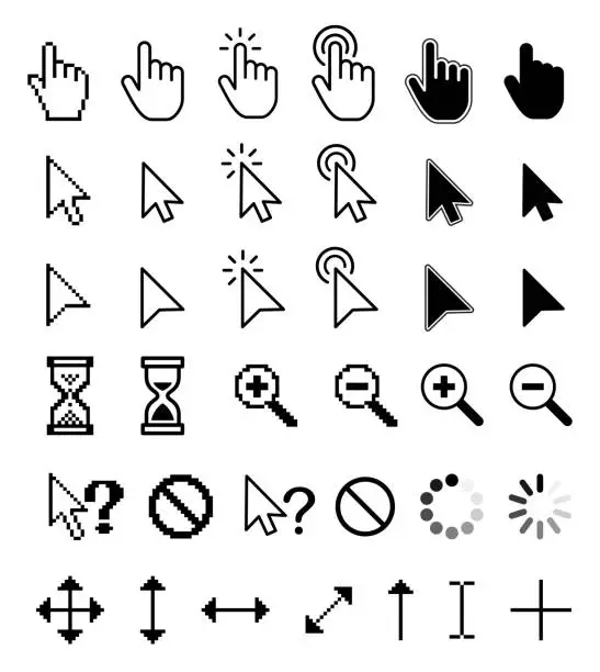 Vector illustration of Cursor Set - Mouse Pointers. Computer Mouse Click Cursor. Arrow, Hand, Magnifying Glass, Hourglass. Different smooth and pixel mouse cursors. Vector stock illustration