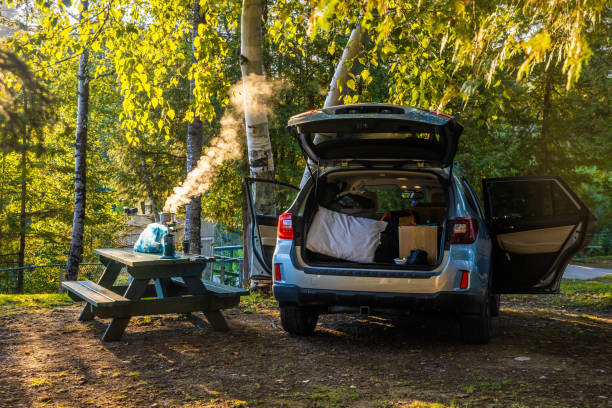 istock Sunny morning cooking and camping outdoors with car 1426335344