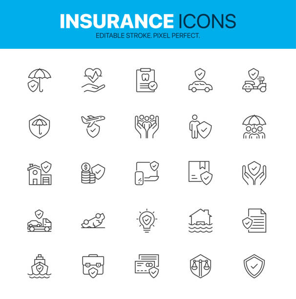 보험 아이콘 세트. 간단한 세트 자동차, 건강 및 생명 보험 아이콘 컬렉션 - auto accidents symbol insurance computer icon stock illustrations