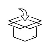 istock Put in Carton Parcel Box Delivery Service Line Icon. Packing Cardboard Pointing Arrow Inside Linear Pictogram. Distribution Container Outline Icon. Editable Stroke. Isolated Vector Illustration 1426338780