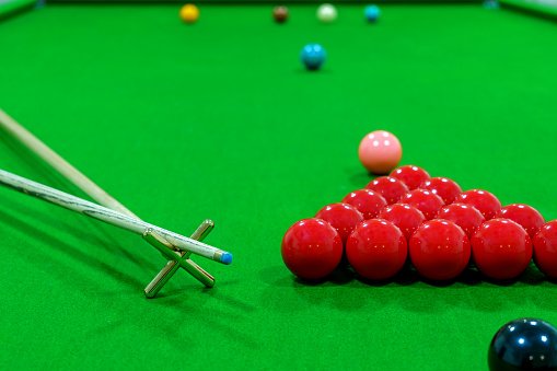 The snooker balls on the table consisted of red, black, pink, blue, green, white, brown, and yellow, with a cue placed on wood on the side.
