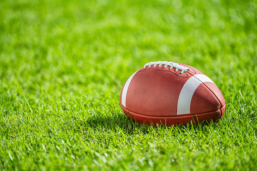 A college or high school leather American football with a white stripe sitting in the grass.\nAmerican and high school use footballs with a white stripe on the top of the ball, whereas the NFL does not have any stripe.