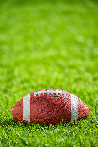 A college or high school leather American football with a white stripe sitting in the grass.
American and high school use footballs with a white stripe on the top of the ball, whereas the NFL does not have any stripe.
