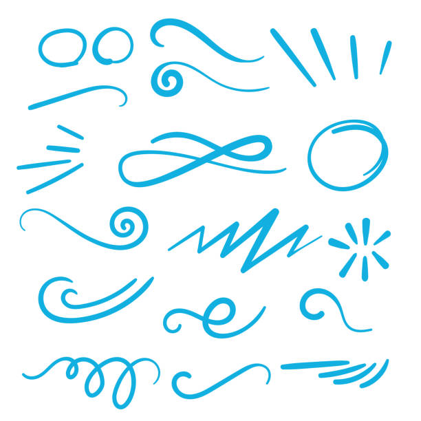 ilustraciones, imágenes clip art, dibujos animados e iconos de stock de trabajo de línea de acento vectorial de remolinos azules y swooshes - line art scroll shape design element scroll