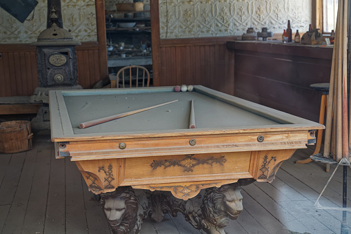Pool table in a dark basement (light source from above). All the paintings on the walls have being filtered and processed - so they differ from the original artwork considerably.