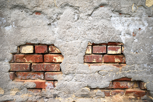 Brick wall texture background, red yellow gray grunge colors
