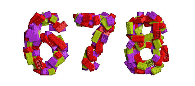 set of numbers made of colored bricks, 3d rendering, numbers six, seven, eight