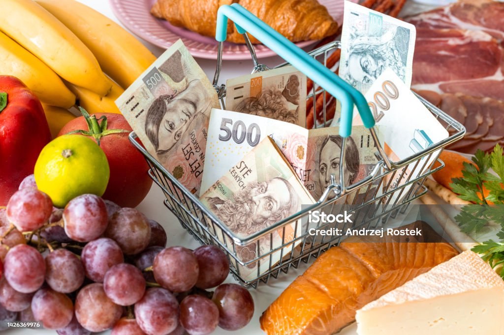 increase in food prices in the Czech Republic, The concept of rising inflation, fruit, vegetables, meat, cheese and inside a shopping basket with Czech crowns Czech Republic Stock Photo