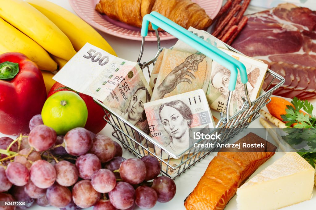 increase in food prices in the Czech Republic, The concept of rising inflation, fruit, vegetables, meat, cheese and inside a shopping basket with Czech crowns Beak Stock Photo