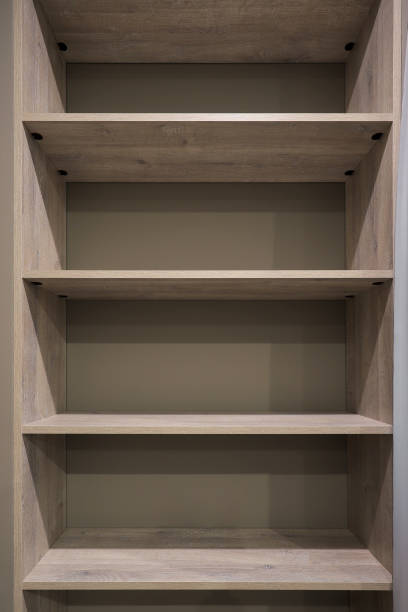 wooden shelves on the wall - shelf bookshelf empty box imagens e fotografias de stock